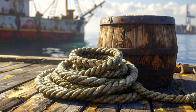 Wooden barrel and rope on pier with ship in background sea view