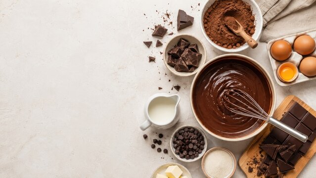 Top-down baking scene with chocolate batter, bowls, whisk, cocoa powder, eggs and milk ready for making brownies or chocolate cake