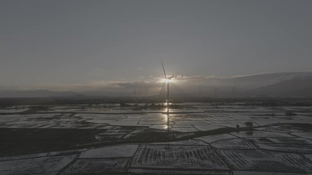 Aerial drone footage of Dam Nai Wind Farm in Khanh Hoa, Vietnam, featuring rows of wind turbines across coastal wetlands, showcasing renewable energy, sustainable power and scenic landscape.