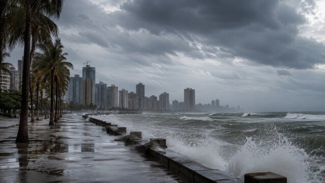 Stormy coastal city promenade with palm trees and waves crashing against a seawall under heavy gray clouds
