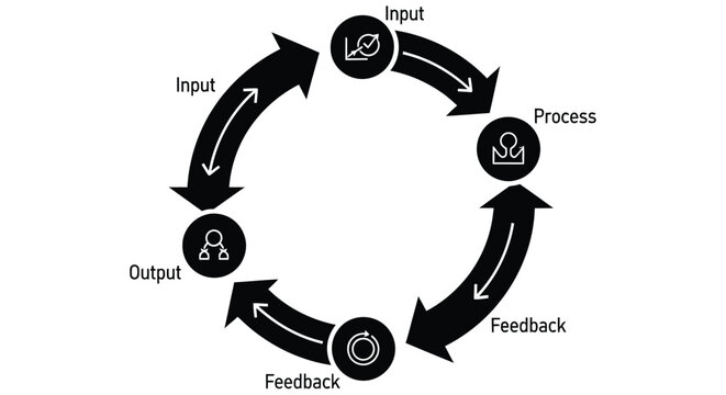 A cyclical process diagram illustrating input process output and feedback
