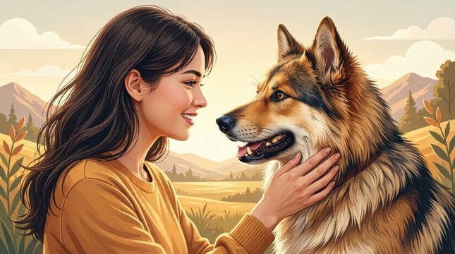 Woman caressing large dog in countryside landscape during sunset