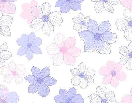 Soft floral pattern with stylized blooms in pastel pinks, blues, and white on a bright backdrop