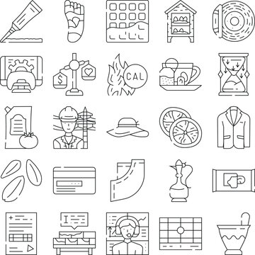 Set of line icons gathering various concepts, including medical, industrial, clothing, food, personal care, education, and entertainment, representing multiple aspects of daily life and services