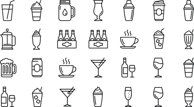 Beverage and Drink Cafe Bar Line Icon Set with Coffee Tea Cocktail Wine Glass Beer Mug Bottle and Shaker Symbols for Mobile Apps
