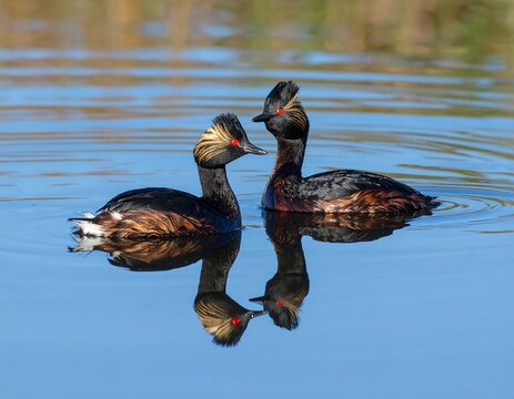 Two black and brown aquatic birds with striking red eyes and elaborate crests float on a serene, reflective blue surface