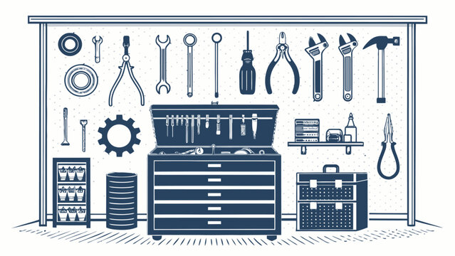 A blue and white illustration of a garage workbench with various tools
