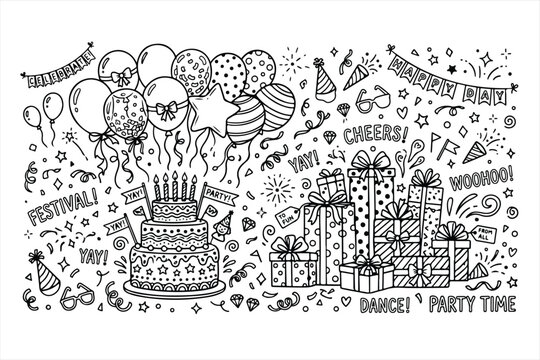Black and white birthday party illustration with cake and gifts