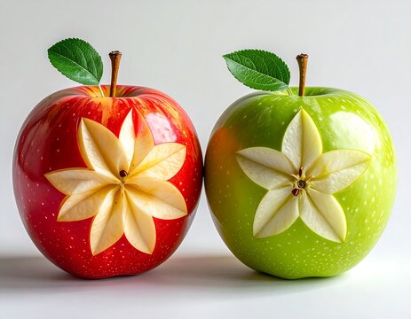Two decorative apples stand side-by-side. One is red, the other green, both with floral cutouts and leafy stems. The background is a clean white