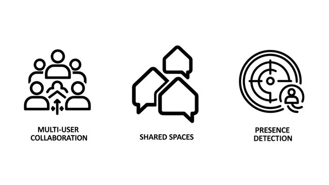 Business and tech icon set including multi-user collaboration shared spaces and presence detection collaboration business presence detection teamwork management corporate cooperation