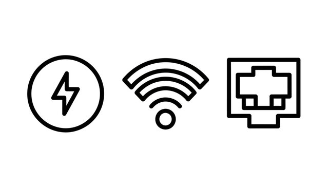 Connectivity and energy icon set representing power wi-fi signal and ethernet connection connectivity ethernet internet wireless communication technology infrastructure lightning electricity