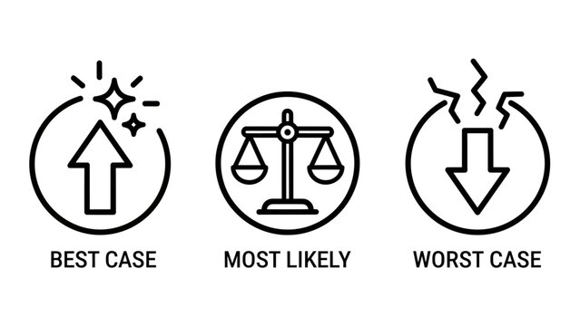 Best case most likely and worst case scenario projection icons with scenario projection business planning strategy analysis forecast management decision comparison evaluation development