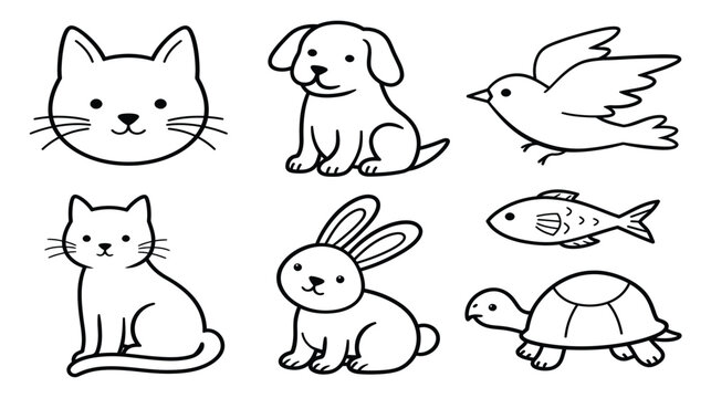 Cat face vector illustration with dog, bird, fish, rabbit, and turtle icons