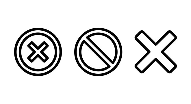 Set of three simple black line art icons representing prohibition denial and cross symbols with prohibition restricted negative illustration elements abstract minimalist interface decision