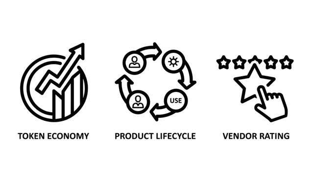 Business economics and product management icons representing token economy lifecycle and vendor rating with lifecycle business evaluation development management currency customer feedback