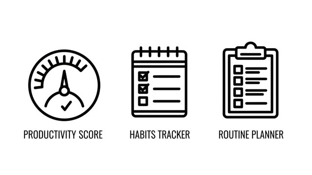 Set of productivity icons featuring personal habit tracking and routine planning elements productivity management schedule performance checklist organization efficiency measurement software