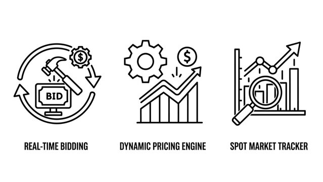 Financial trading icons featuring real time bidding dynamic pricing and spot market tracking business exchange investment commerce analysis strategy management transaction competitive