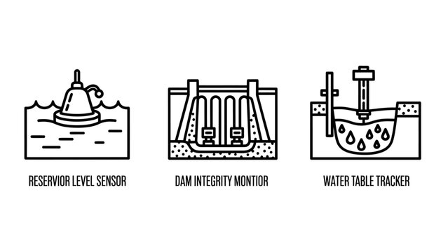 Set of environmental monitoring icons showing reservoir level dam integrity water table tracking monitoring reservoir integrity tracking environmental infrastructure measurement analysis