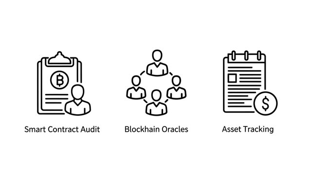Blockchain technology icons illustrating smart contract audit network oracles financial asset tracking blockchain contract tracking technology business transaction security verification