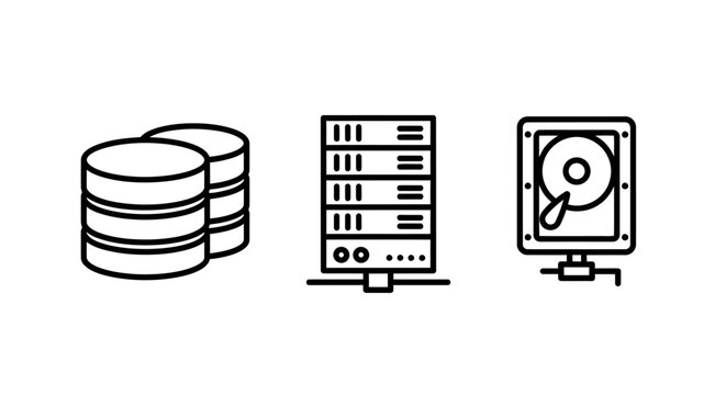 Collection of data storage and server infrastructure line icons including database server and hard drive symbols with database infrastructure technology computing information hardware security