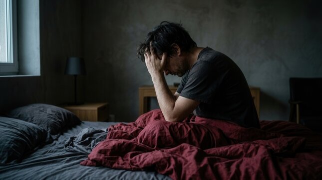Man Sitting On Bed Feeling Sad And Helpless In Dark Bedroom