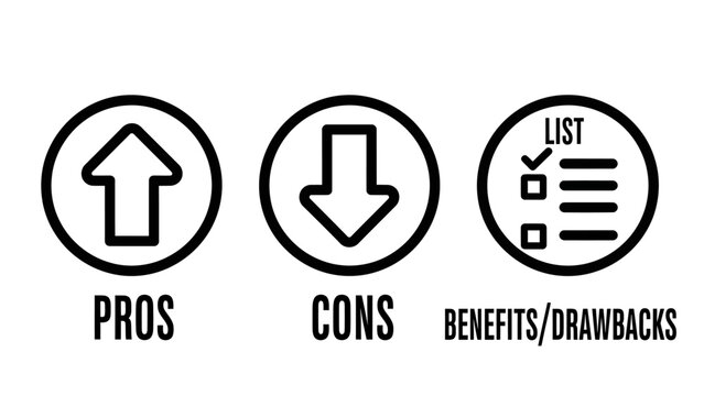 Pros and cons with benefits drawbacks list icons business decision making symbols benefits drawbacks checklist decision comparison business evaluation analysis management strategy planning
