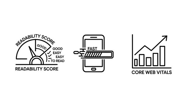 Readability score website speed load time core web vitals optimization metrics icons with readability optimization performance corewebvitals internet technical analysis measurement development
