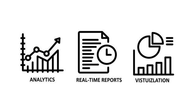 Business analytics data reporting and visualization icons with real time pie chart analytics reporting visualization business statistics performance dashboard information analysis corporate