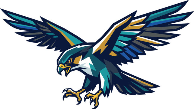 Swooping falcon eagle mascot logo flying bird of prey vector illustration isolated on white background sports team graphic element