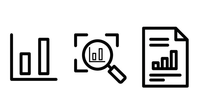 Business data analytics icon set featuring bar graph data discovery analytical report file analytics business analysis magnifying document statistics marketing information intelligence