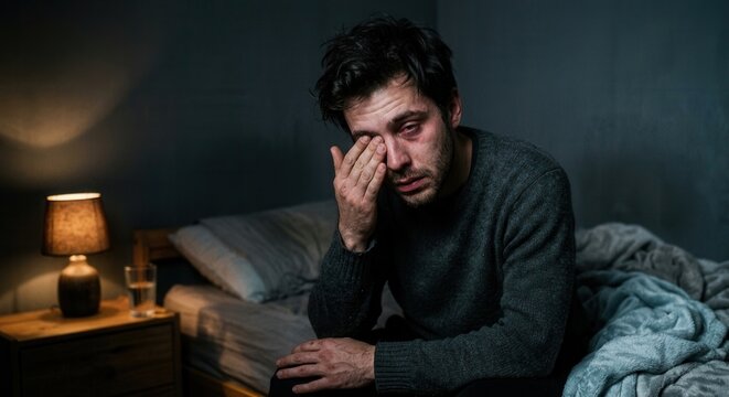 Man Sitting On Bed Rubbing His Tired Eyes Late At Night