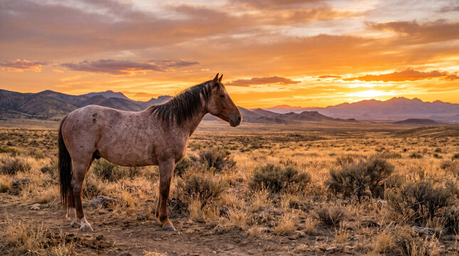 Strawberry Roan Horse Standing in Desert Landscape at Golden Hour Sunset