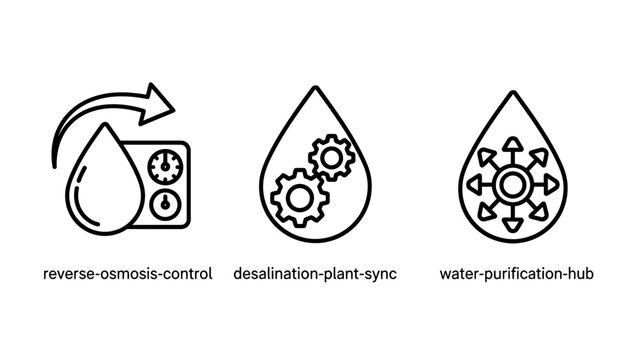 Reverse osmosis and water treatment plant process management technical icons with treatment desalination management industrial technology purification technical engineering infrastructure