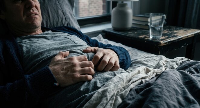 Man Experiencing Abdominal Pain Lying in Bed Feeling Unwell