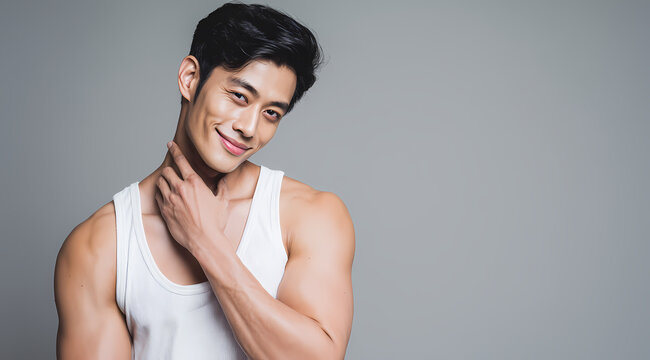 Handsome Asian Man in White Undershirt Smiling and Touching His Neck - Studio Skincare, Grooming, and Men's Fitness Portrait
