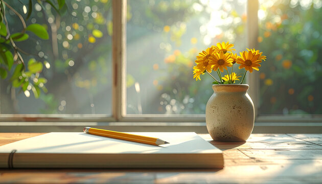 Yellow flowers in vase beside notebook and pencil on wooden table