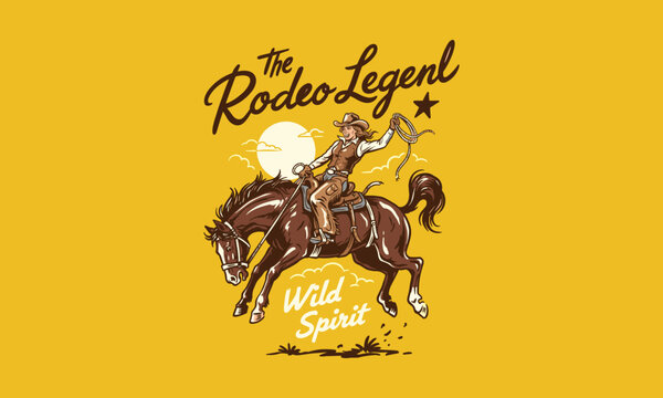 Vintage cowgirl riding a bucking bronco with a lasso. Retro rodeo legend western style artwork.