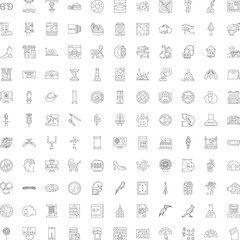 Fototapeta premium Diverse collection of thin line icons illustrating various everyday objects, abstract concepts, technology, food, professional instruments, nature, science, and essential elements