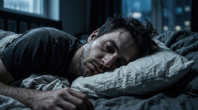 Man Sleeping Peacefully In Dark Bedroom Amidst Rainy Night