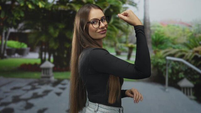 Woman flexes fist and rests other hand on upper arm while posing on a street near a garden pathway; confidence strength.