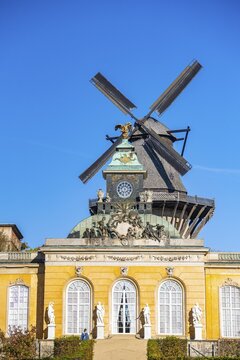 New Chambers and Historic Mill, Sanssouci Park in Autumn, UNESCO World Heritage Site, Potsdam, Brandenburg, Germany