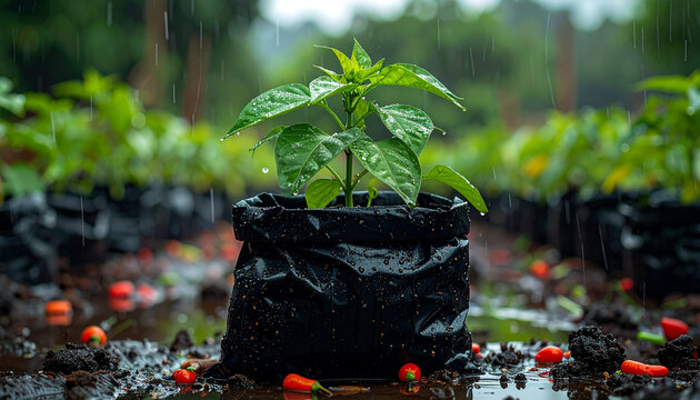 Young pepper plant growing in a black bag during a rainy day outdoors