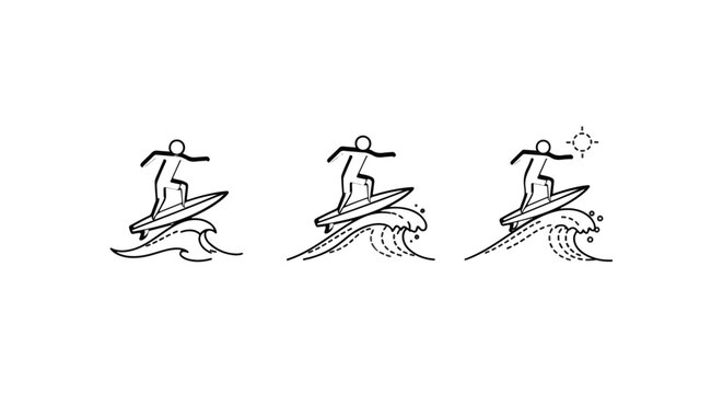 Sequential illustrations of a surfer riding waves gracefully.