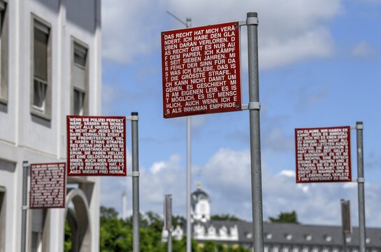 Signs with the German fundamental rights, Platz der Grundrechte, Karlsruhe, Baden-W&uuml;rttemberg, Germany