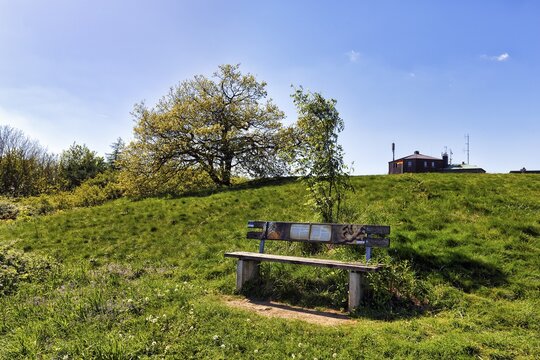 Bench on a mountain top, K&ouml;terberg, K&ouml;terberghaus, sunny spring weather, L&uuml;gde, Weserbergland, North Rhine-Westphalia, Germany