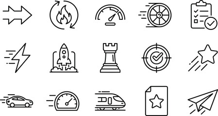 Performance Boost and Fast Speed Optimization Line Icon Set with Rocket Lightning Speedometer Car Train and Strategy Symbols for Mobile Apps © Shukimon