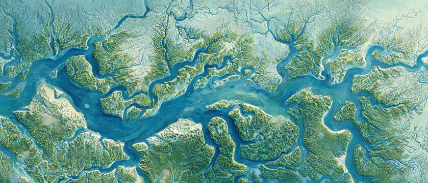 Winding river cuts through lush green islands
