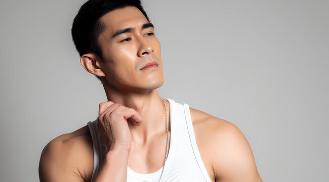 Handsome Asian Man in White Undershirt Smiling and Touching His Neck - Studio Skincare, Grooming, and Men's Fitness Portrait