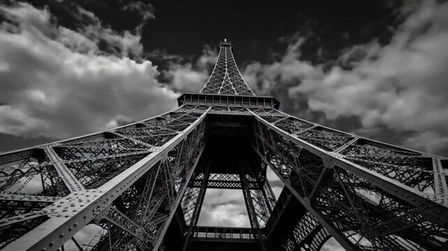Low angle black and white time lapse of the Eiffel Tower with moving clouds