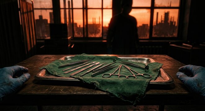 Medical Surgical Instruments Prepared On Tray By Gloved Hands During Sunset Cityscape